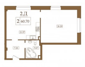Двухкомнатная квартира 60.7 м²