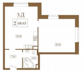 Двухкомнатная квартира 68.63 м²