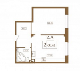 Двухкомнатная квартира 60.41 м²