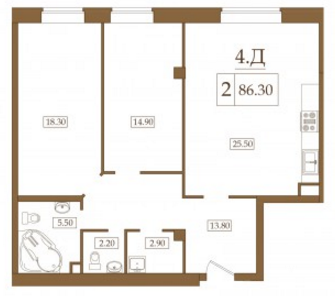 Двухкомнатная квартира 86.3 м²